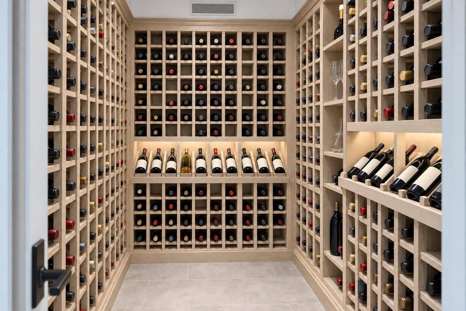Symmetrical wood-racked wine cellar with a ceiling vent grille and label-out display bottles