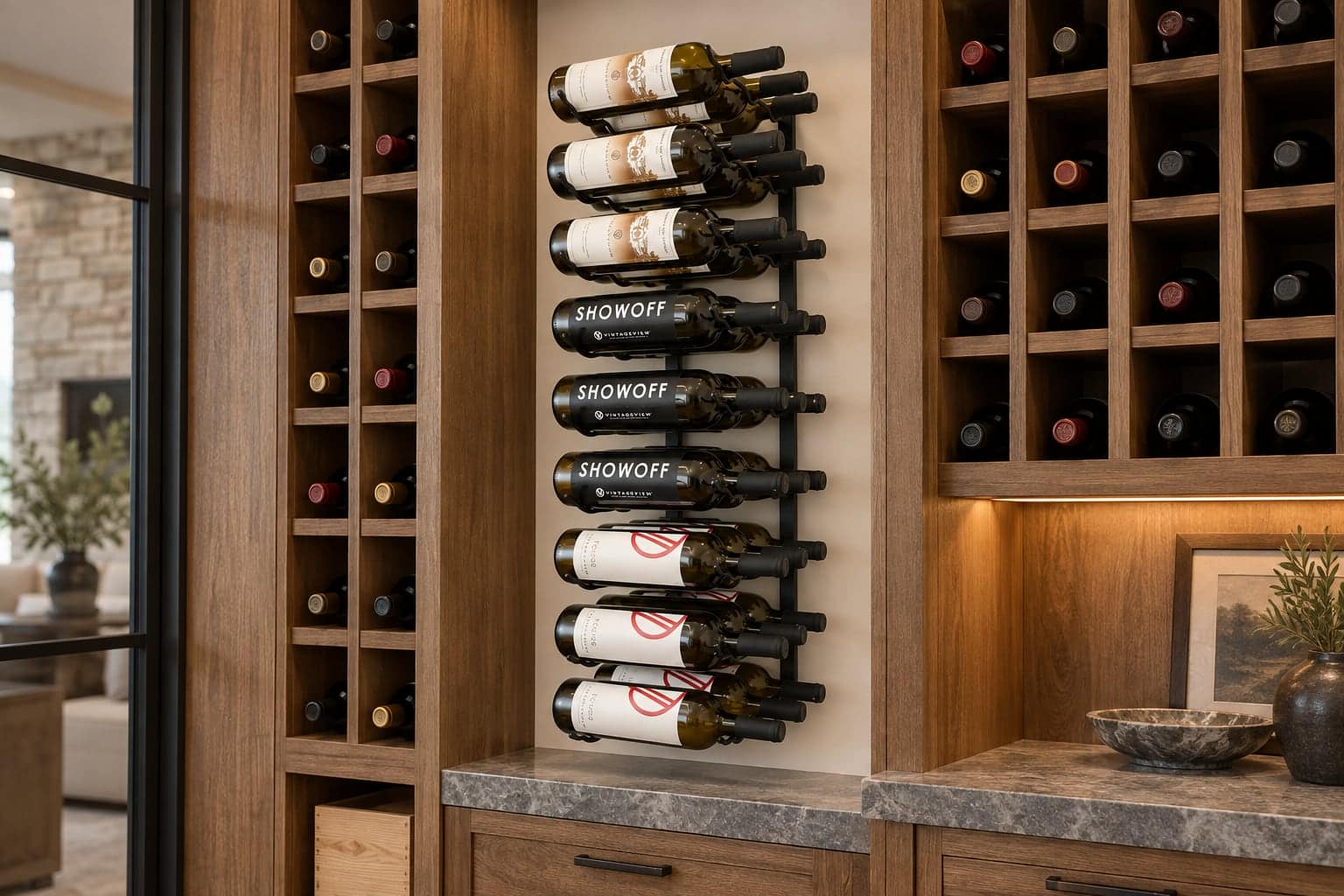 VintageView metal wall wine rack with Showoff-labeled bottles in a wood bar nook