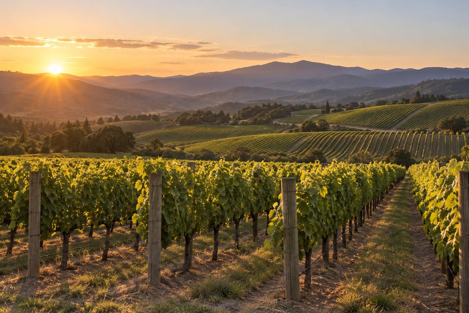 Rolling vineyard hills and distant mountains at golden hour, no signage visible