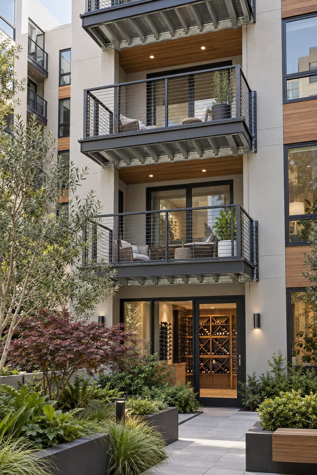 San Francisco apartment exterior with steel balconies and a ground-floor wine cellar