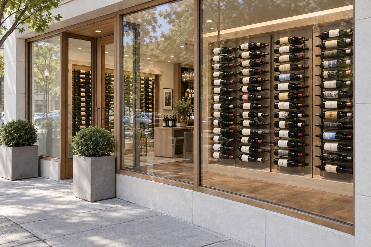 Wine shop storefront with a glass display wall of bottles on a tree-lined sidewalk