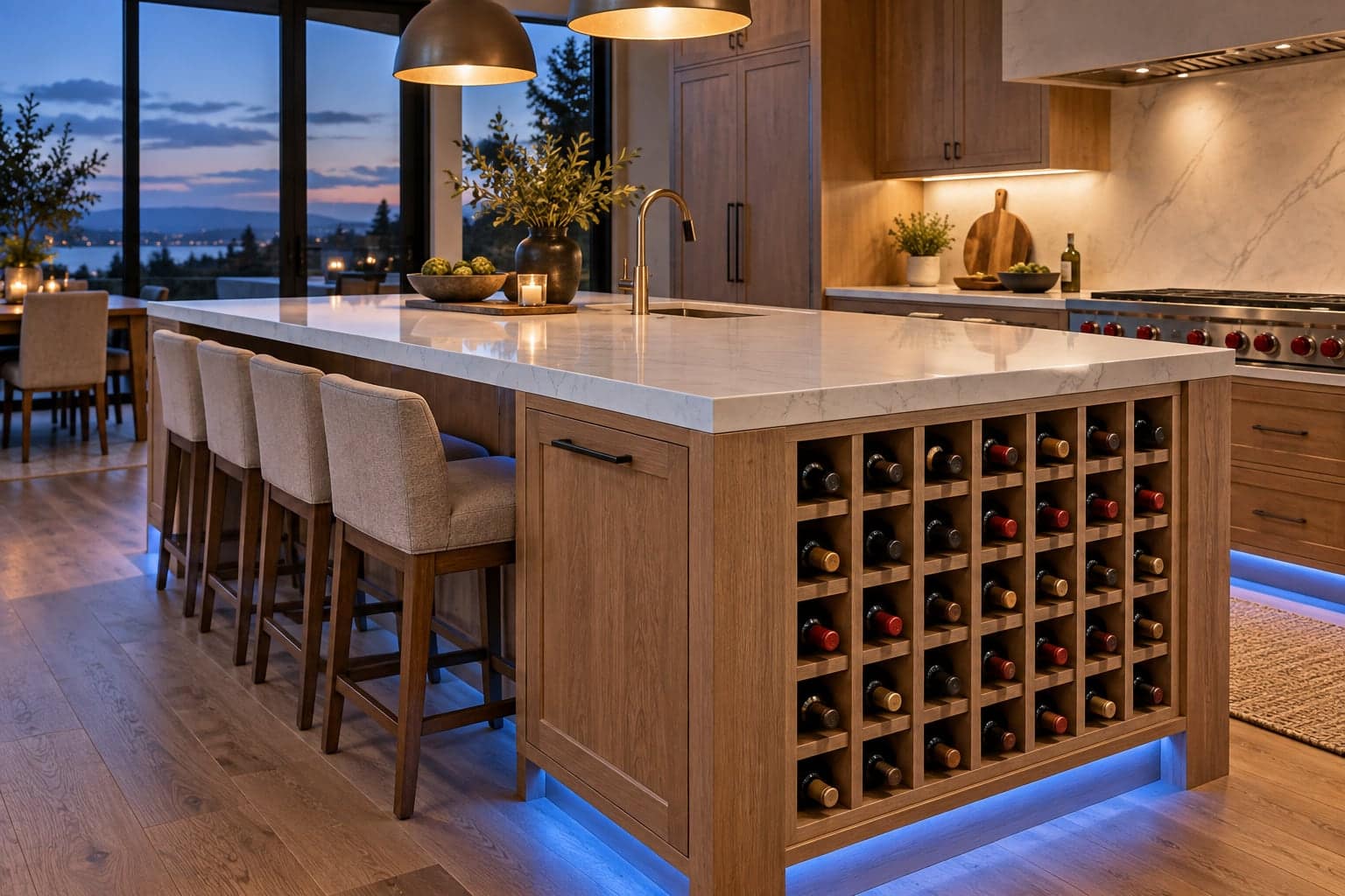 A kitchen island with wooden bottle cubbies and a pale stone countertop