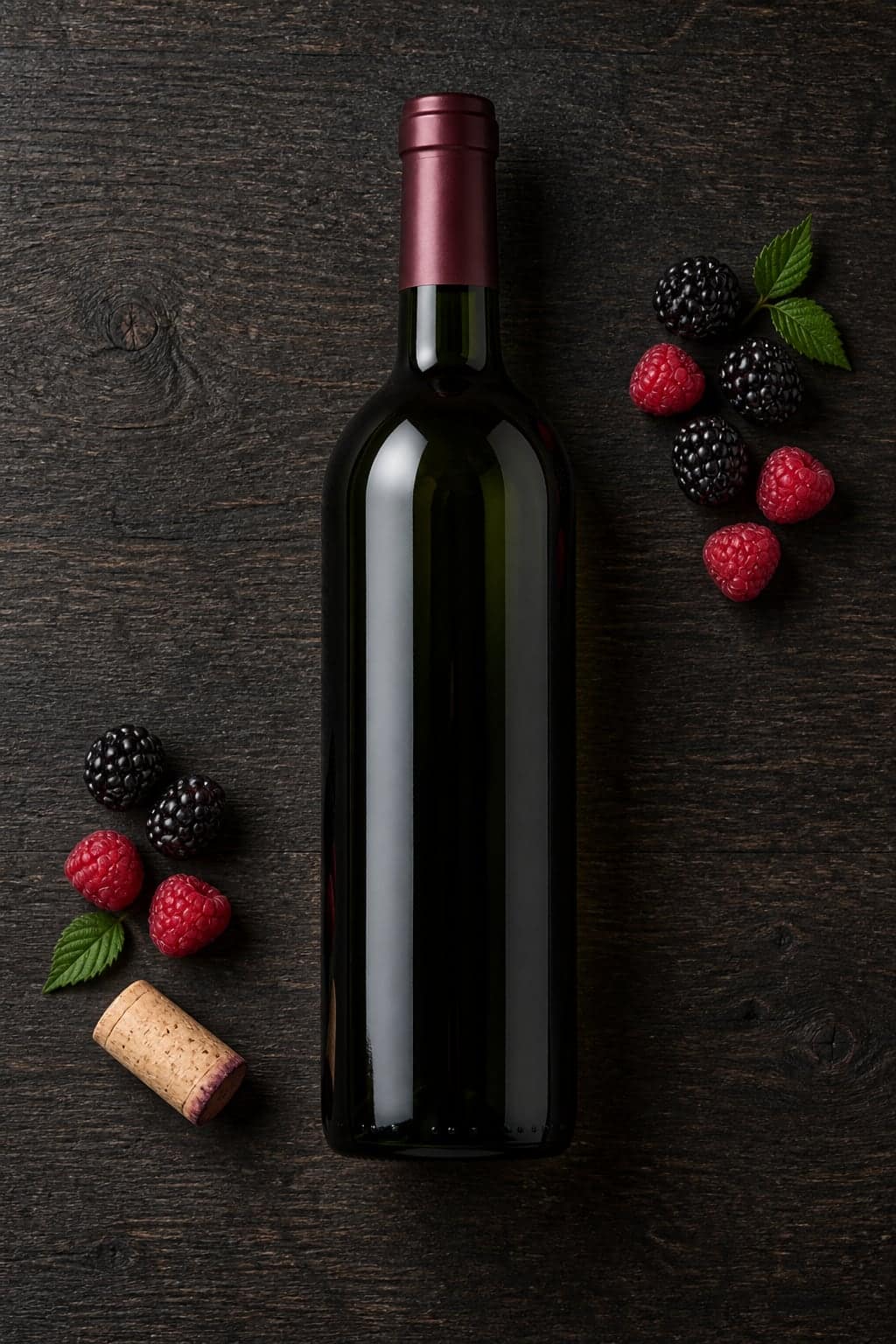 Overhead flat lay of a dark wine bottle with raspberries, blackberries and a cork on wood