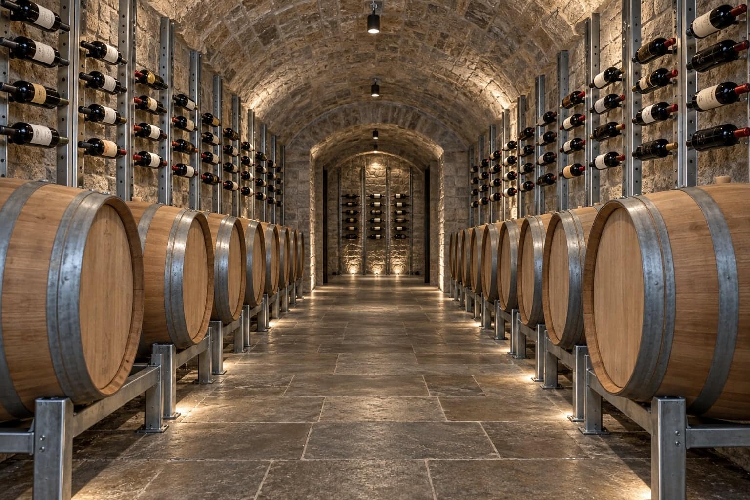 Stone barrel-vaulted cellar corridor lined with oak aging barrels and wall wine racks