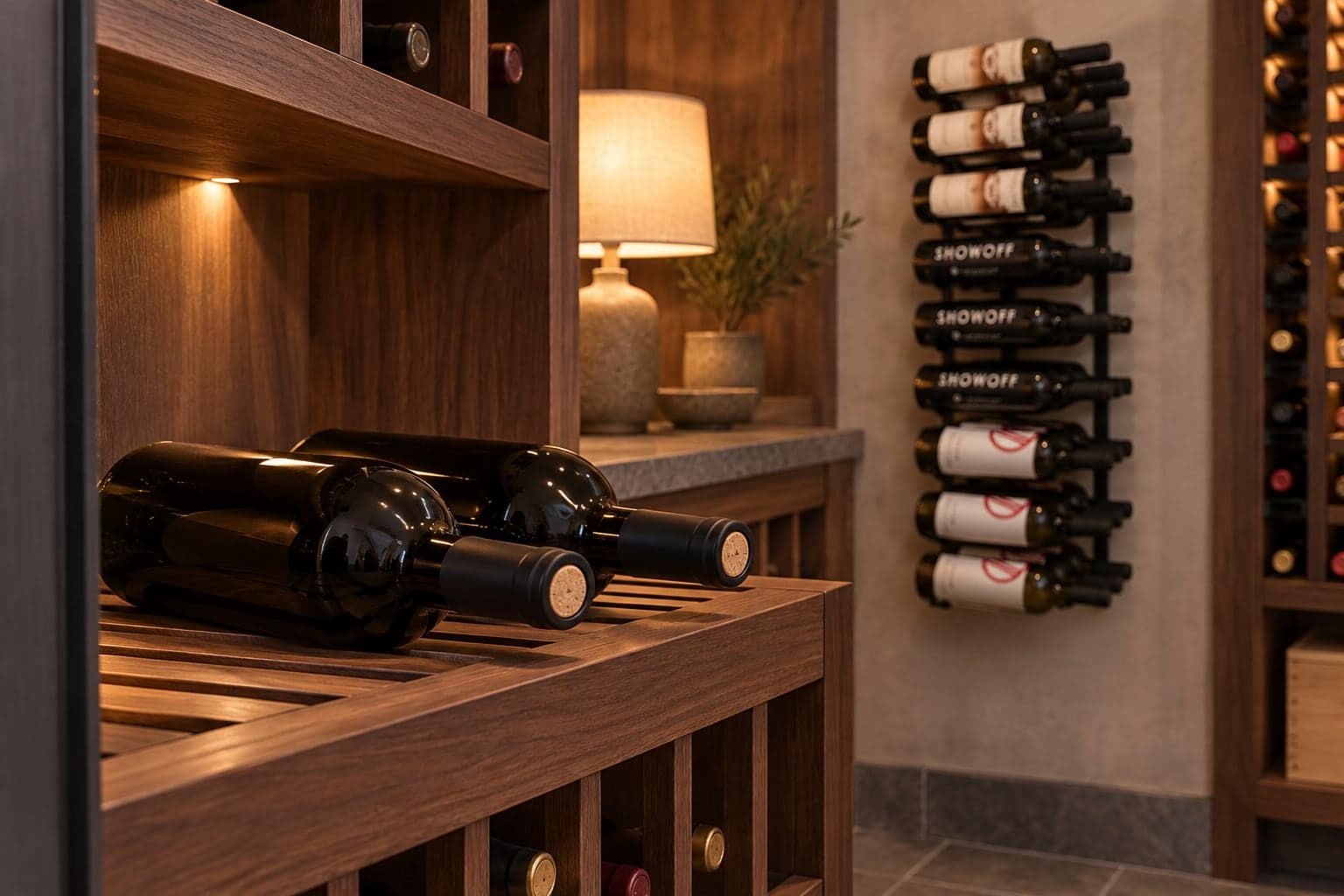 A wooden pull-out wine shelf beside illuminated cellar shelving