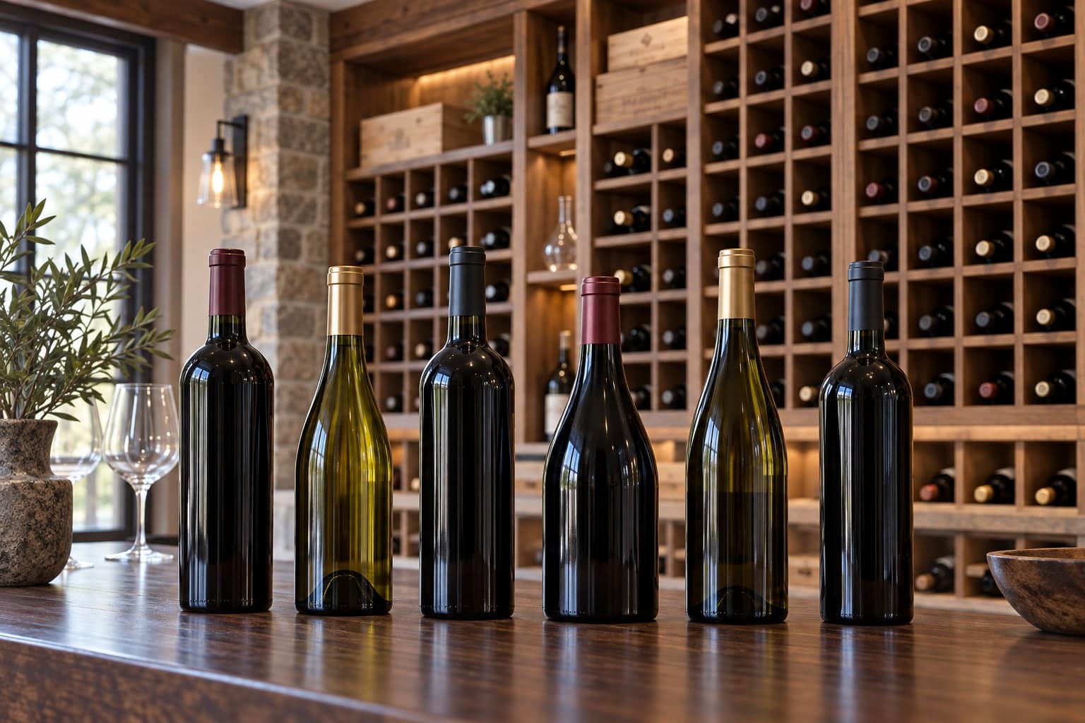 Row of unlabeled dark wine bottles on a wood counter in front of a stocked cellar rack