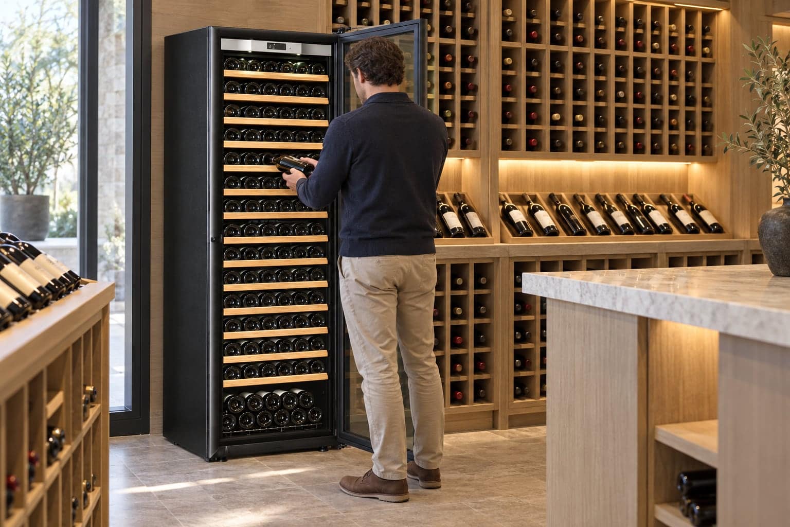 Man, back to camera, selecting a bottle from an open black wine refrigerator in a glass cellar
