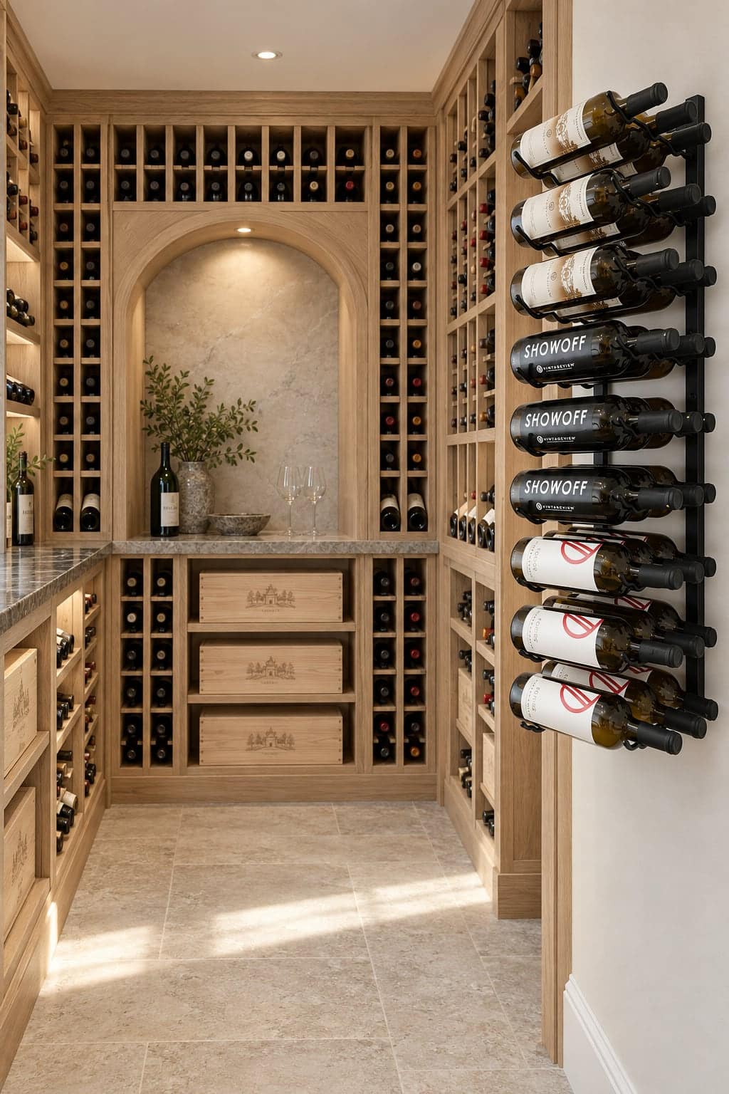 Wood wine cellar with an arched niche and a label-forward metal rack near the entrance.