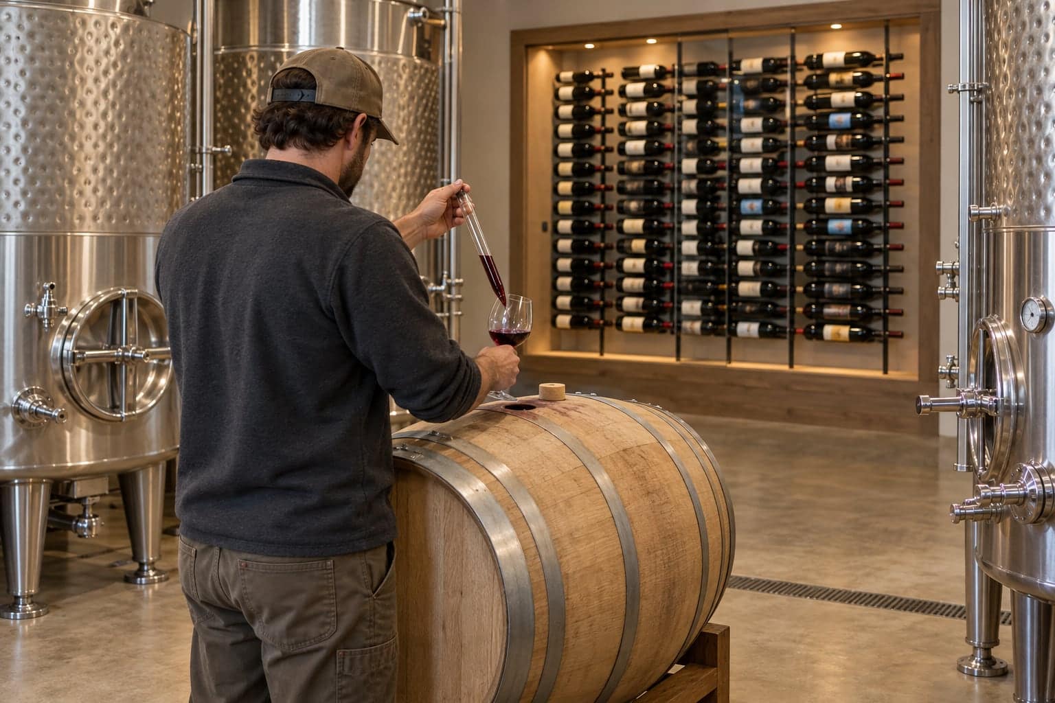 Cellar worker draws red wine from an oak barrel beside steel fermentation tanks and a lit bottle wall