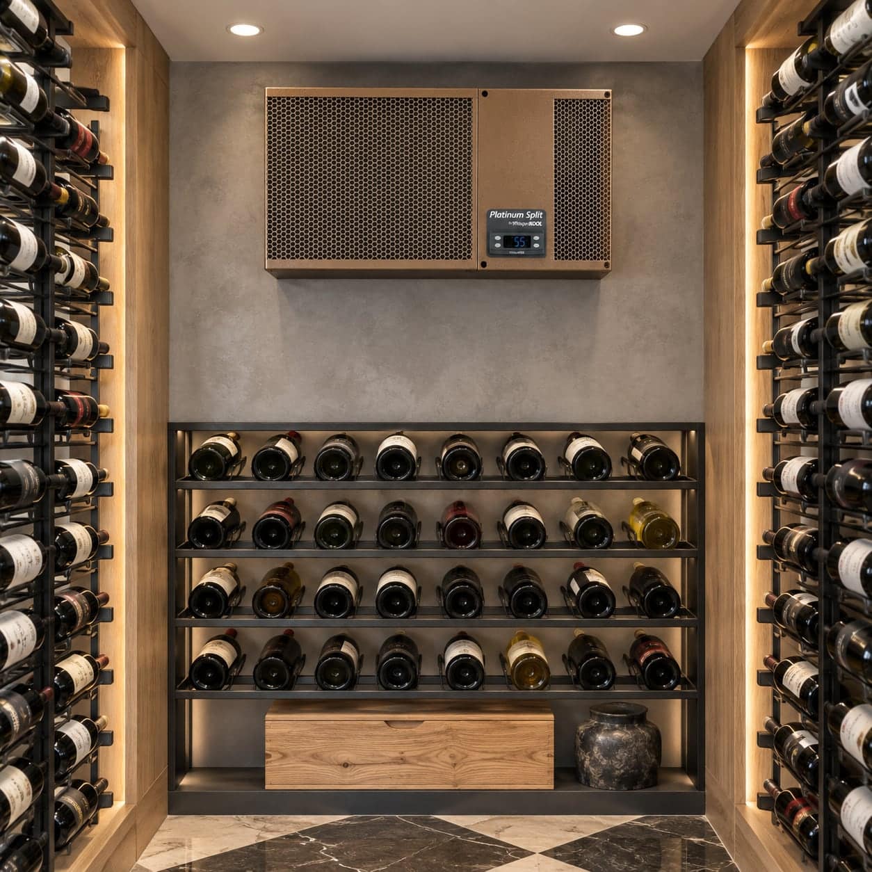 WhisperKOOL Platinum Split cooling unit above a wood-trimmed wine cellar bottle rack