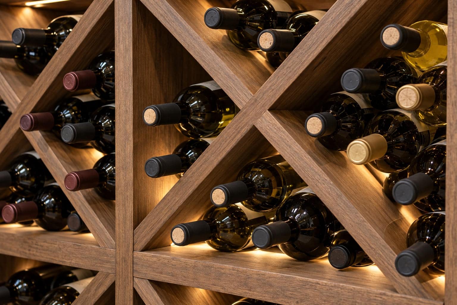Close-up of mixed wine bottles arranged in wooden diamond bins