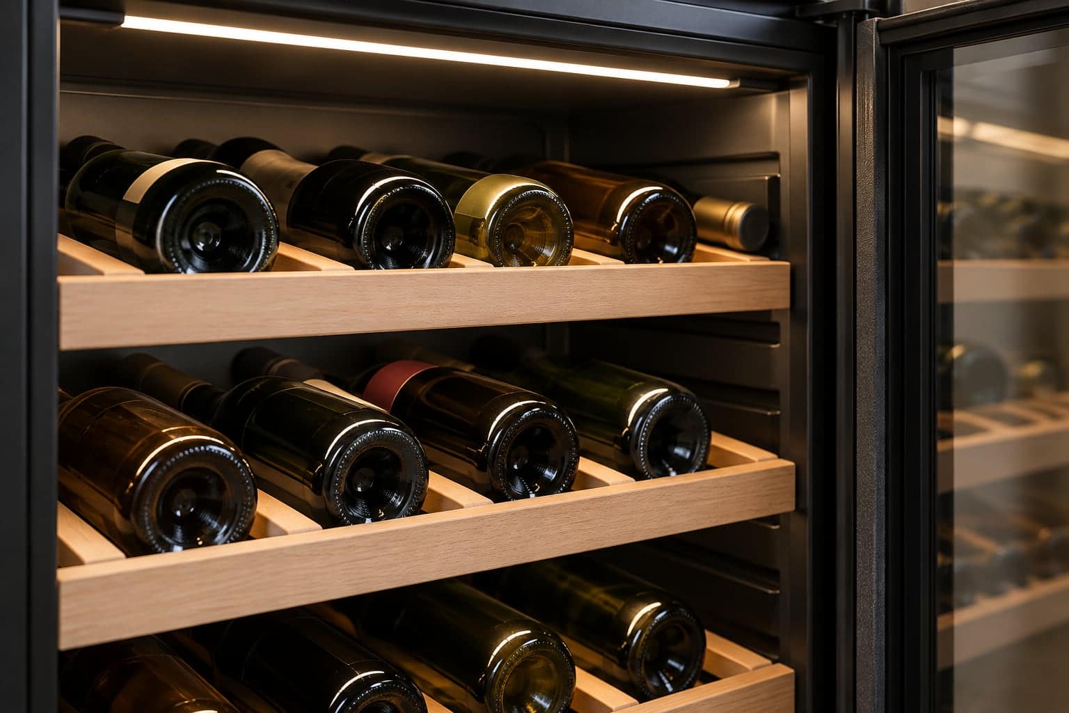 Close-up inside an open wine refrigerator with bottles resting on wooden slats under an LED bar