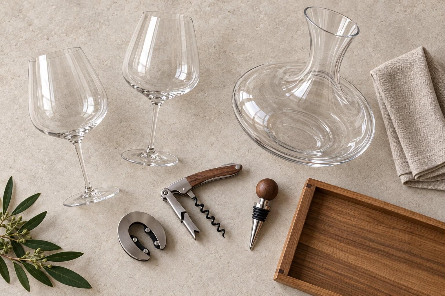 Flat-lay of wine glasses, a decanter, corkscrew, foil cutter, bottle stopper and wood box on stone counter