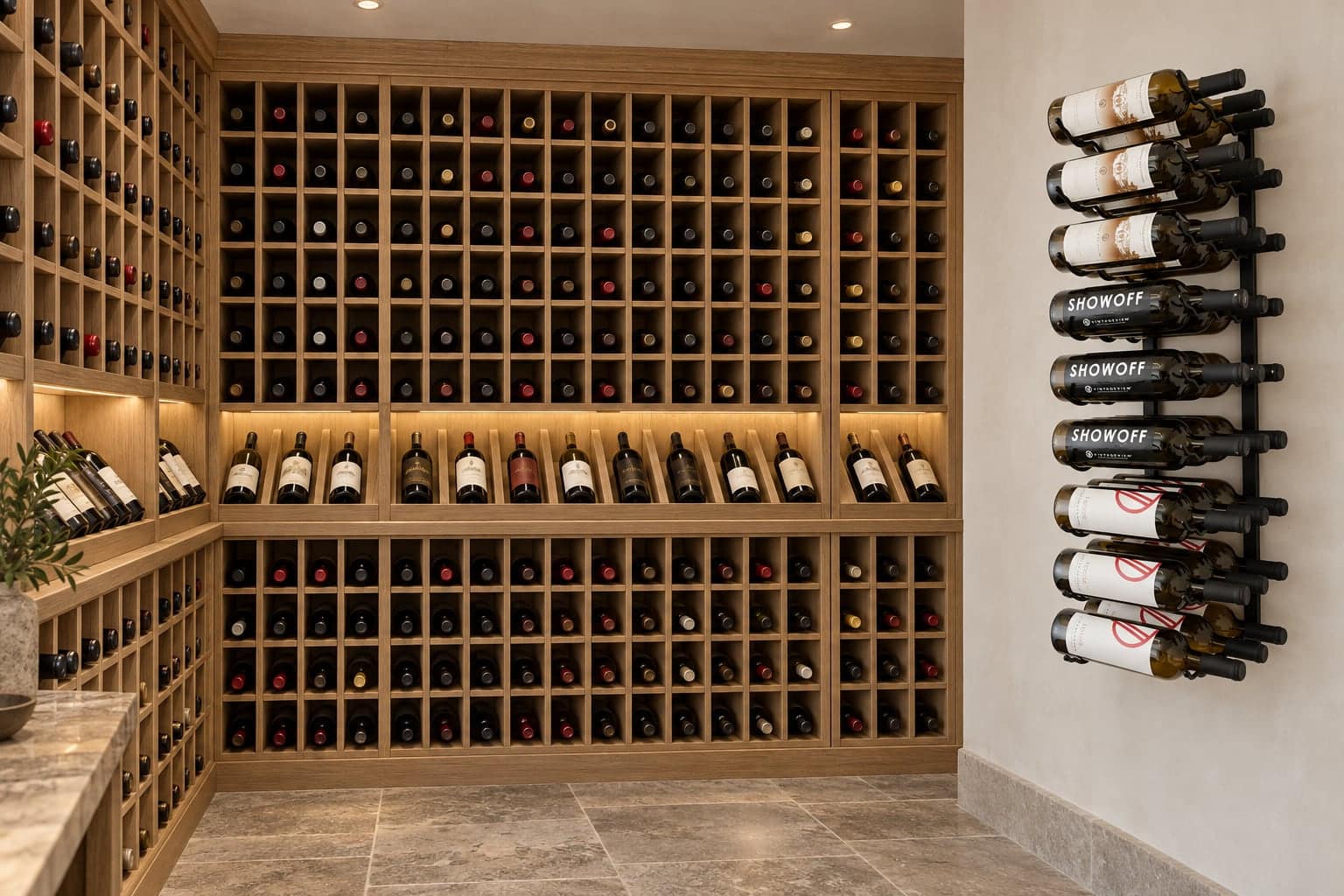 Wood wine cubby racks beside a wall-mounted VintageView metal bottle rack