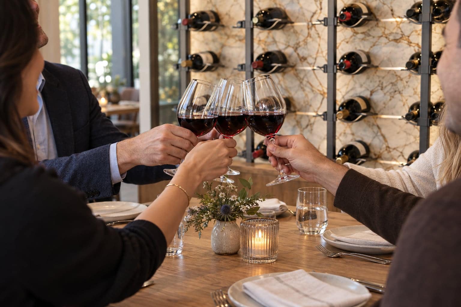 Friends' hands clinking red wine glasses at a table in front of a wine display wall