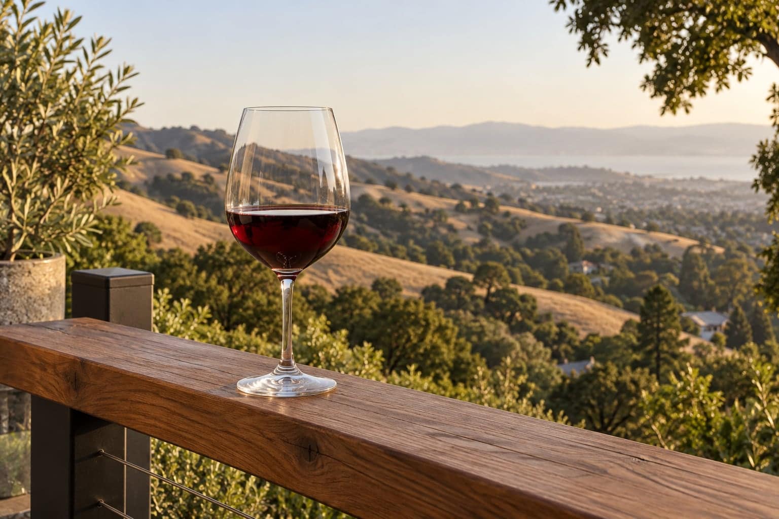 A glass of red wine on a wood patio railing overlooking golden Bay Area hills