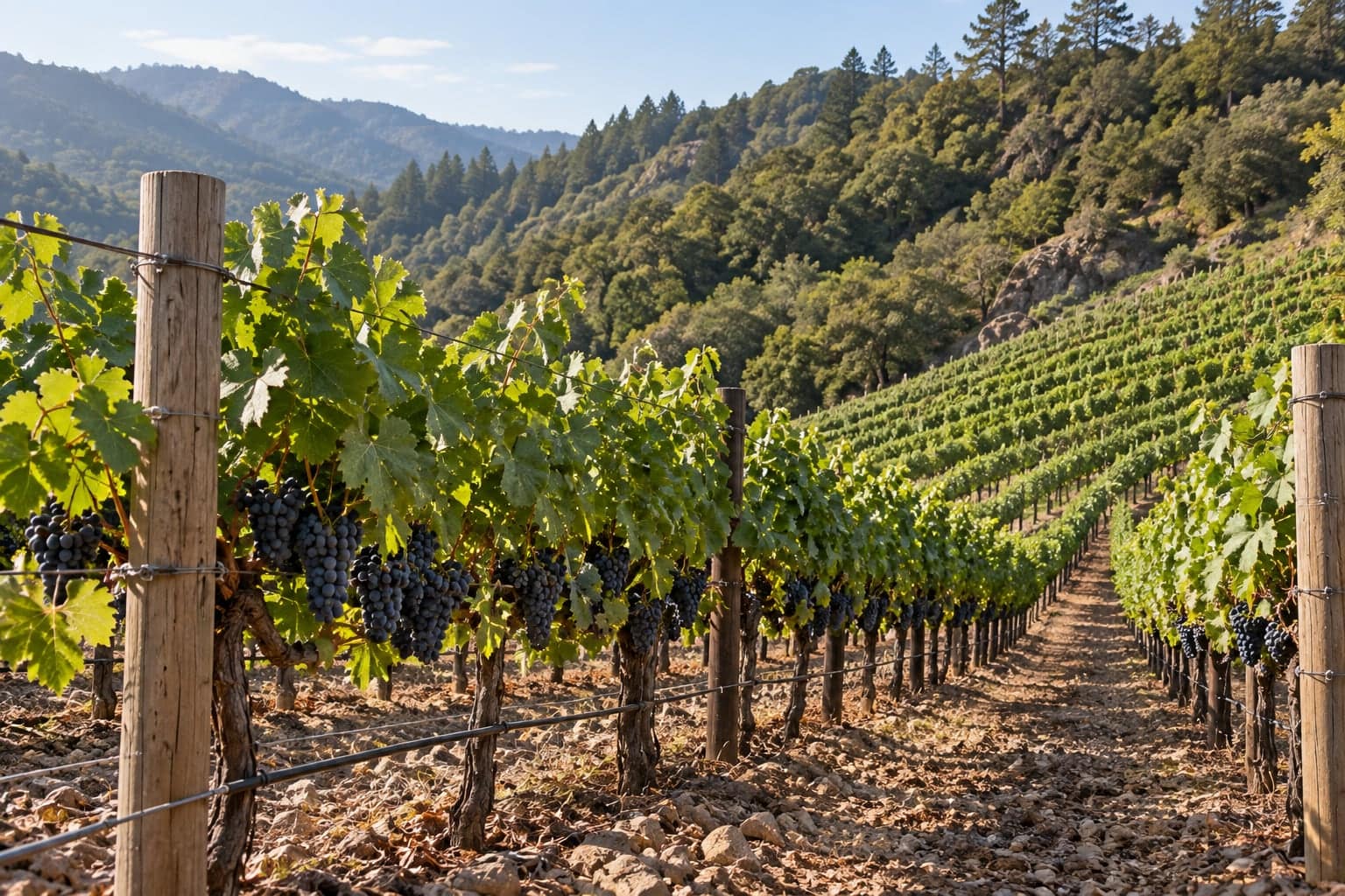 Vineyard rows climbing a forested hillside under a clear blue sky