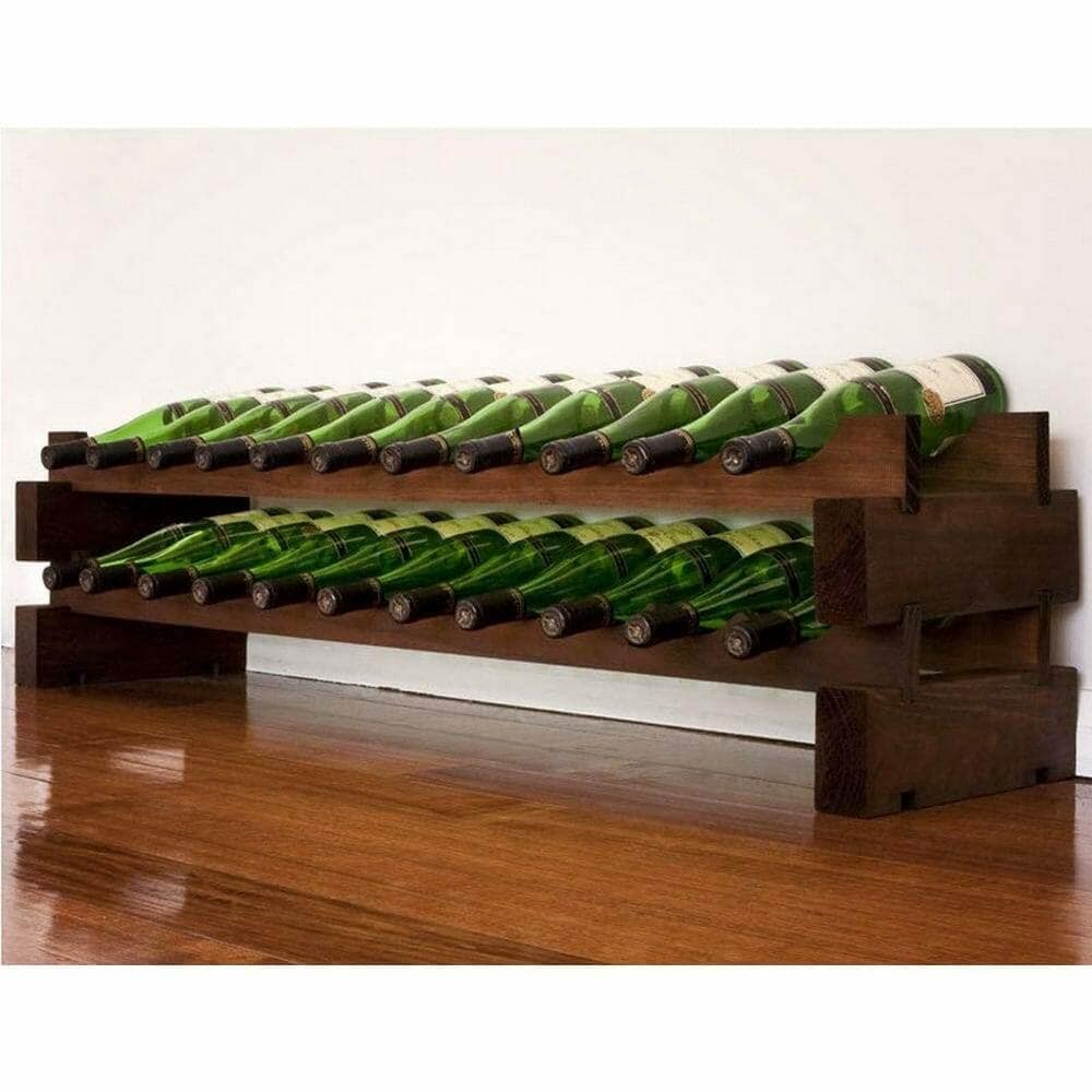 Modularack 2x11 stained wood wine rack filled with green bottles