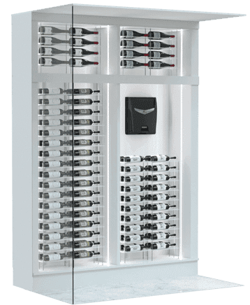 Digital rendering of a glass-front wine cabinet with bottle racks