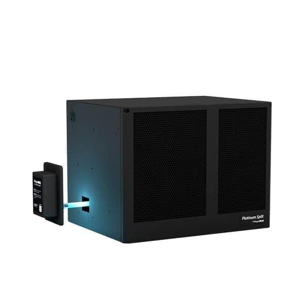 WhisperKOOL Platinum Split cooling unit with blue UV-C light glowing at the intake