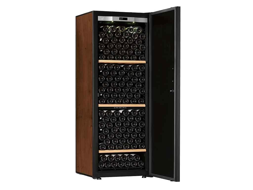Transtherm Ermitage wine cabinet in tobacco wood finish with door open showing four shelves