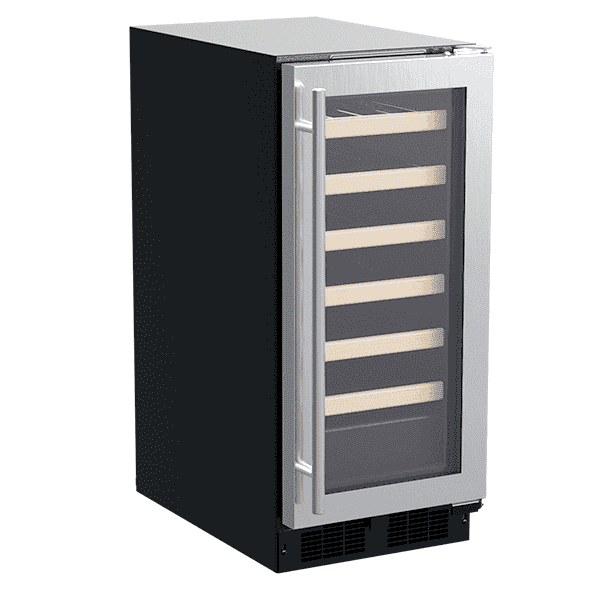 Marvel single-zone wine refrigerator with glass door, angled studio shot