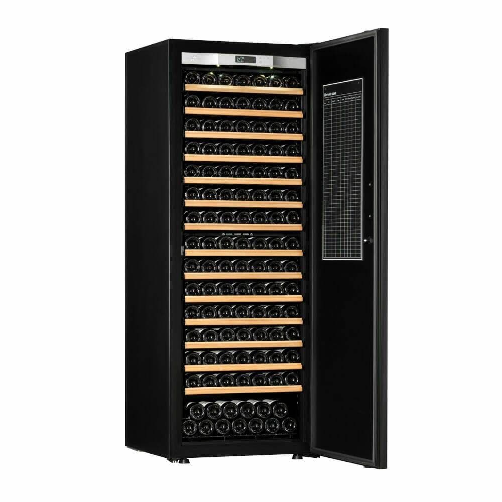 Transtherm Ermitage Prestige wine cabinet with solid door open, fully shelved