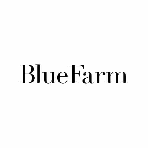 BlueFarm wordmark logo in black serif type