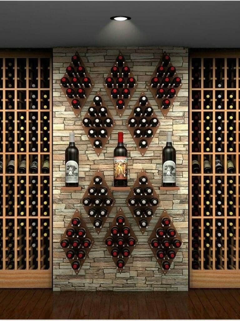 Wine rack, bottles of wine.