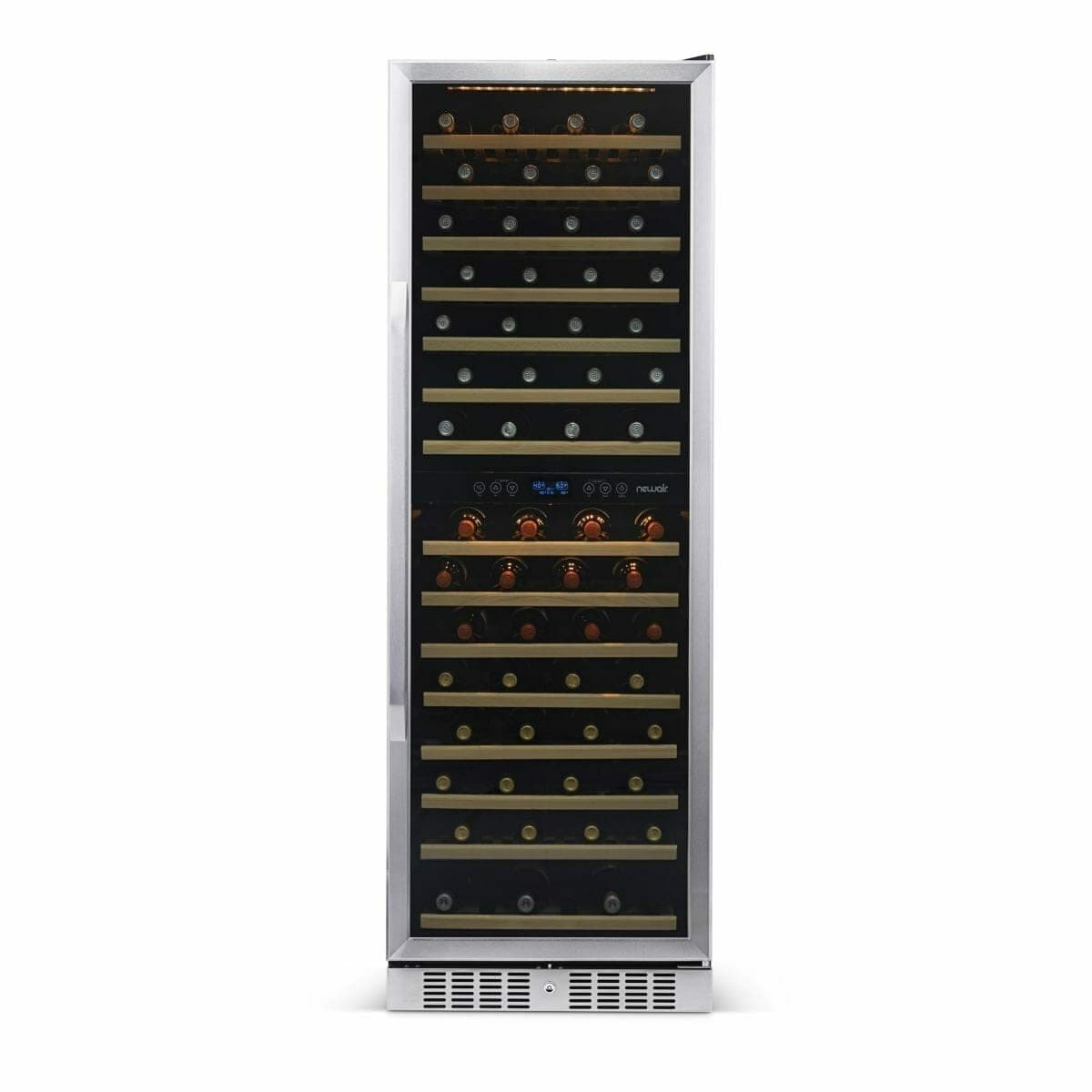 NewAir 160-bottle dual-zone wine fridge, straight-on view with lit display