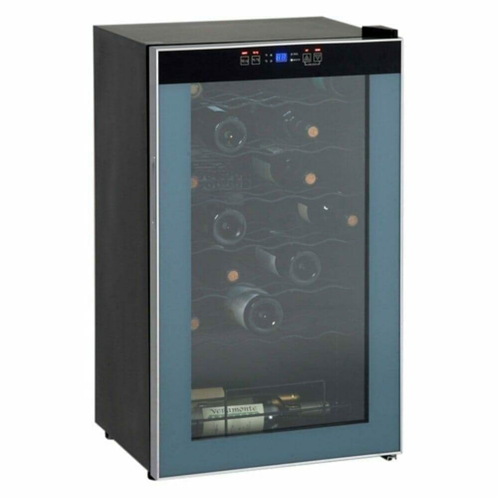 Freestanding 18-bottle wine cooler with blue-tinted glass door, angled view