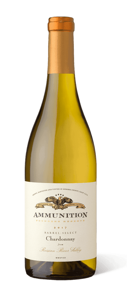 Ammunition Founders Reserve 2017 Chardonnay bottle on white background