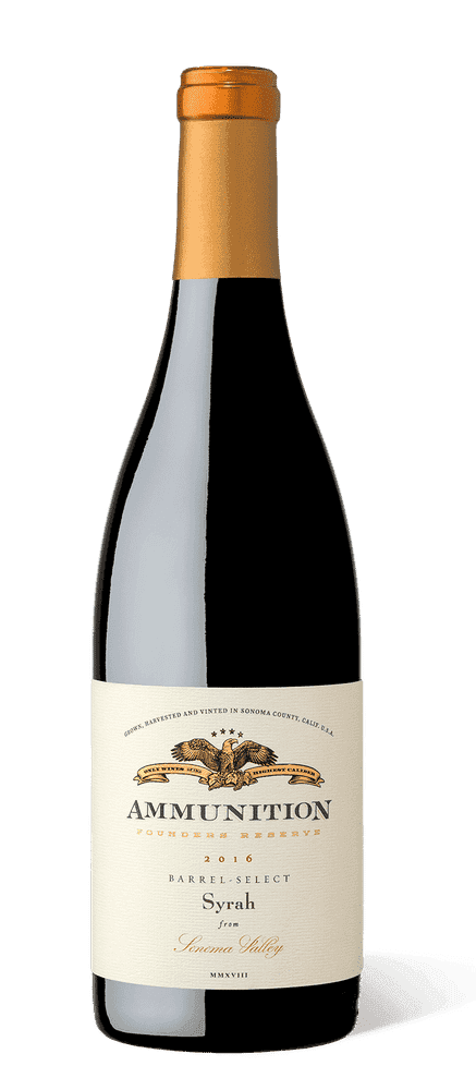 Ammunition Founders Reserve 2016 Syrah bottle on white background
