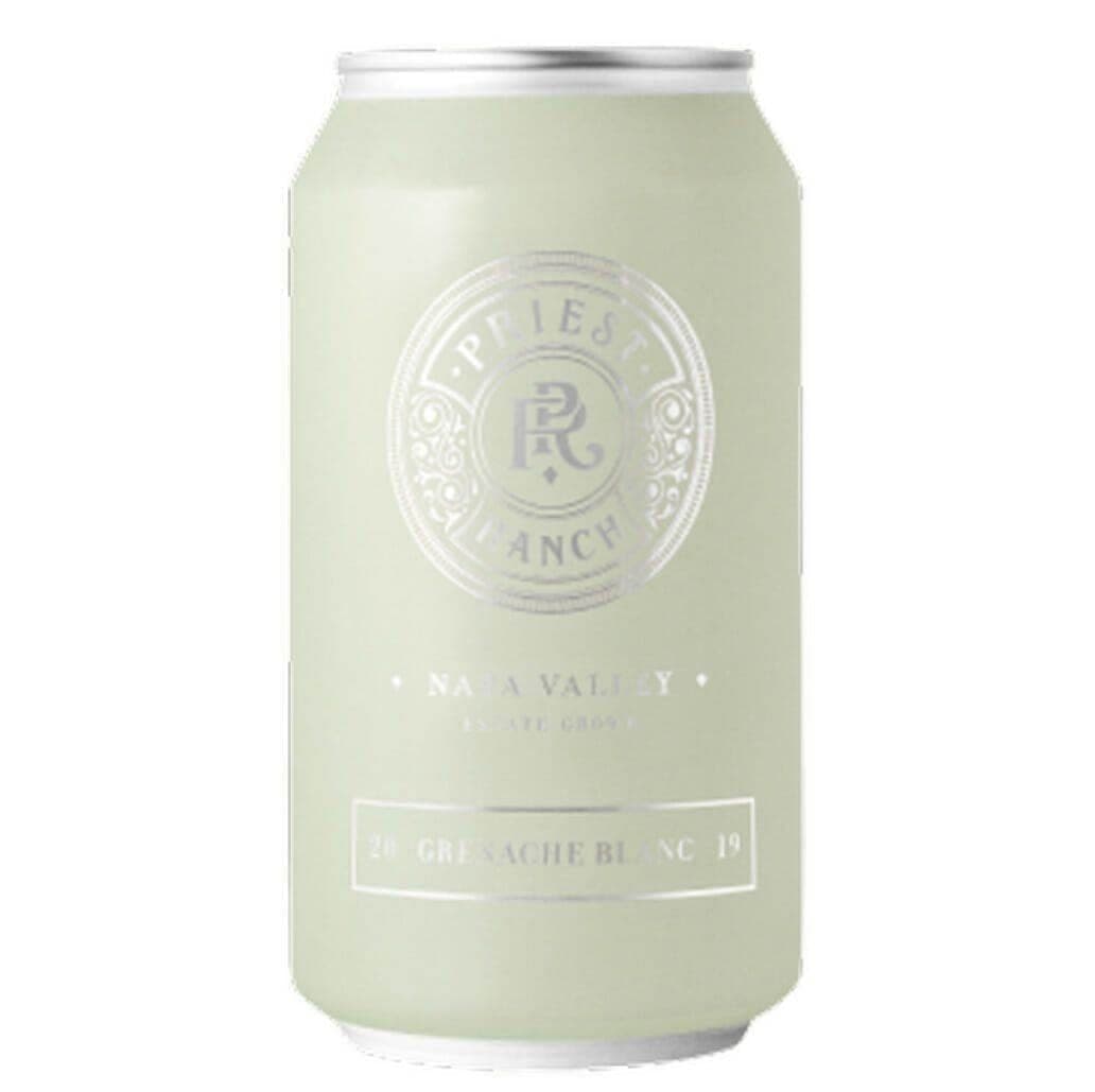 Priest Ranch Grenache Blanc 2019 sage-green wine can on white background