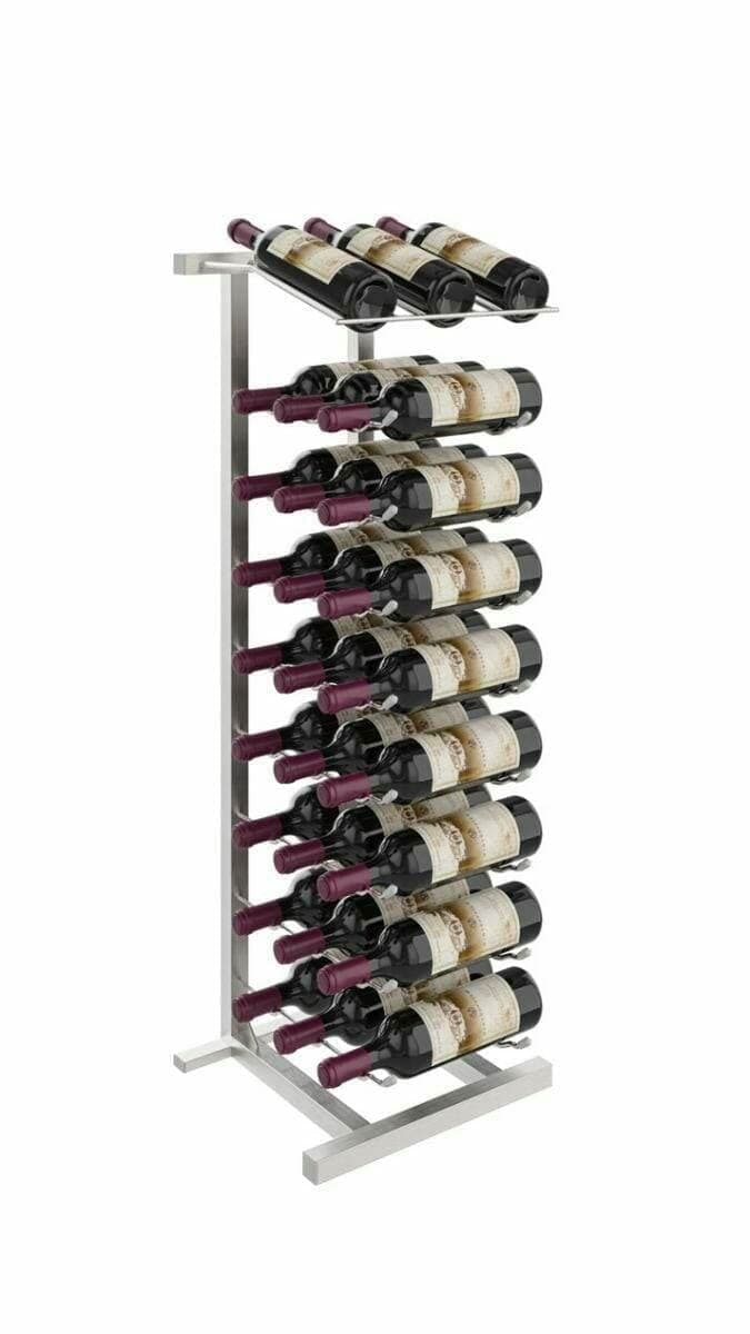 Brushed nickel floor wine rack holding 27 bottles, rendered on white