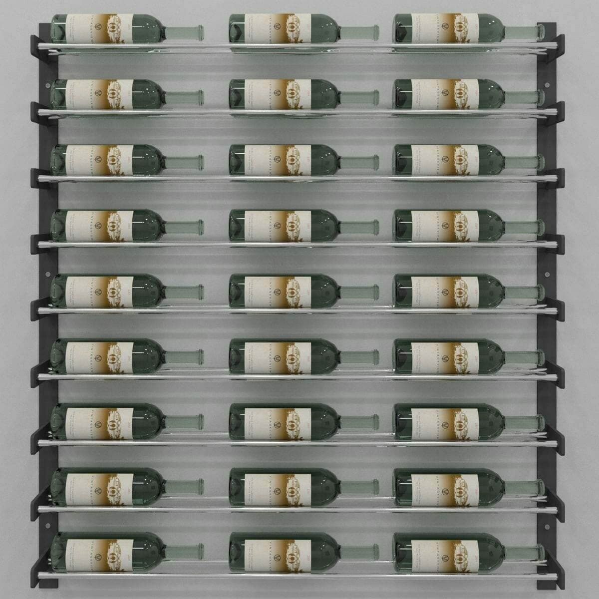 Evolution Wine Wall 45" wall-mounted rack with chrome rails holding wine bottles, grey backdrop