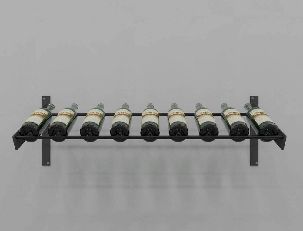 Evolution Series Wine Wall Presentation Row, black wall rack holding nine wine bottles