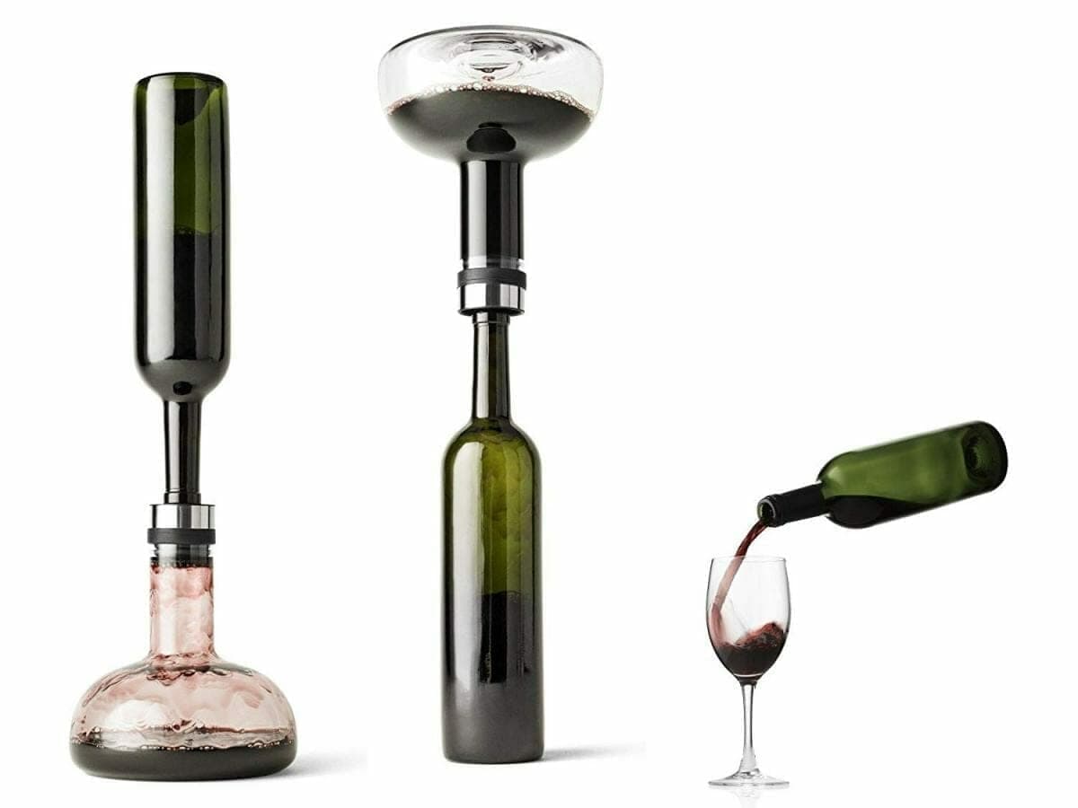 Three-step usage sequence of the Menu Wine Breather Decanter