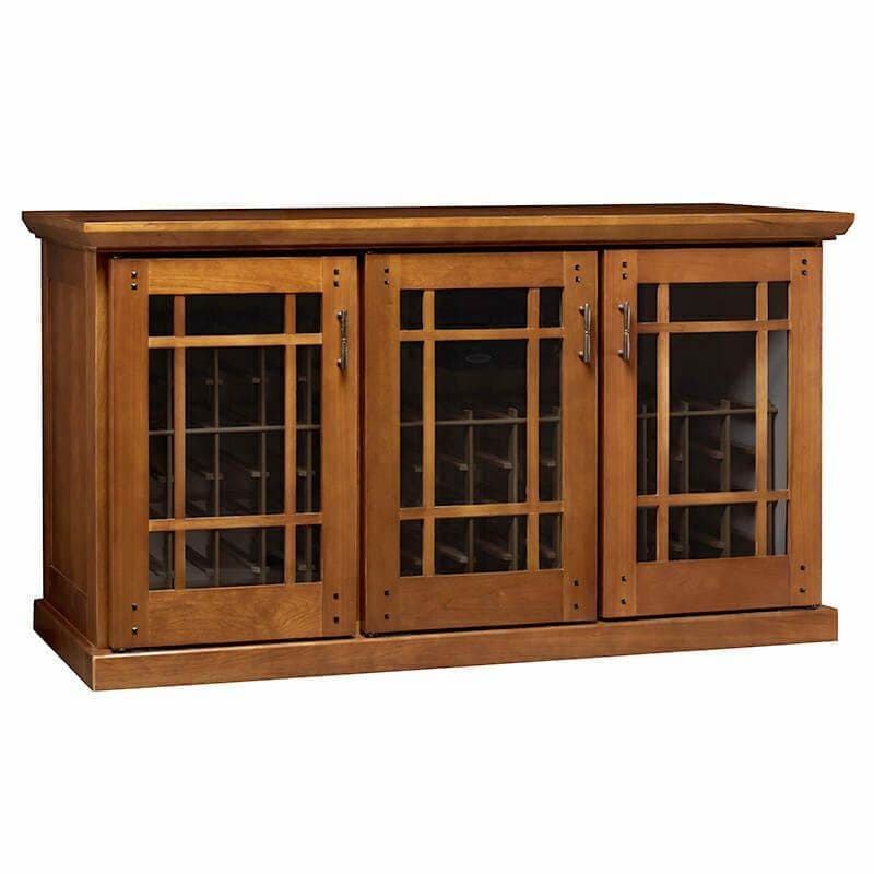 Le Cache Mission-style credenza wine cabinet in oak finish on white background