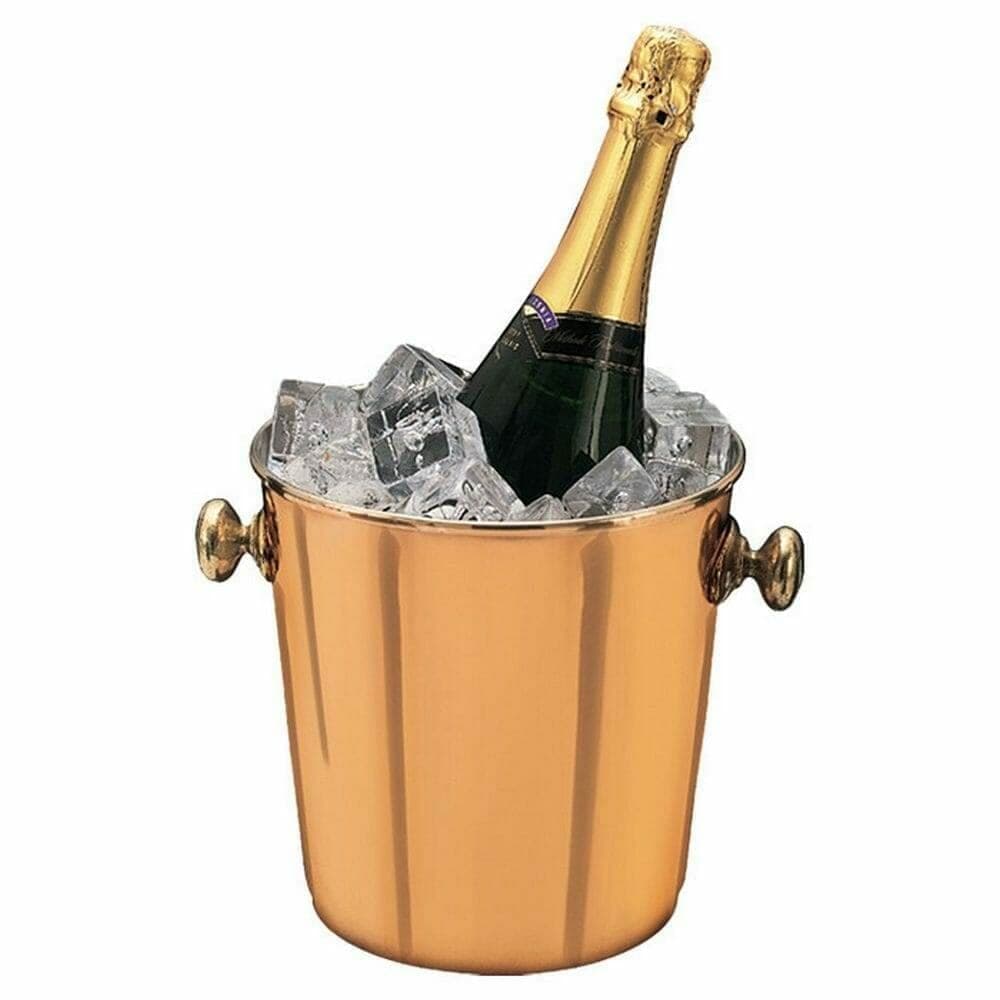 Old Dutch copper champagne cooler with bottle and ice cubes