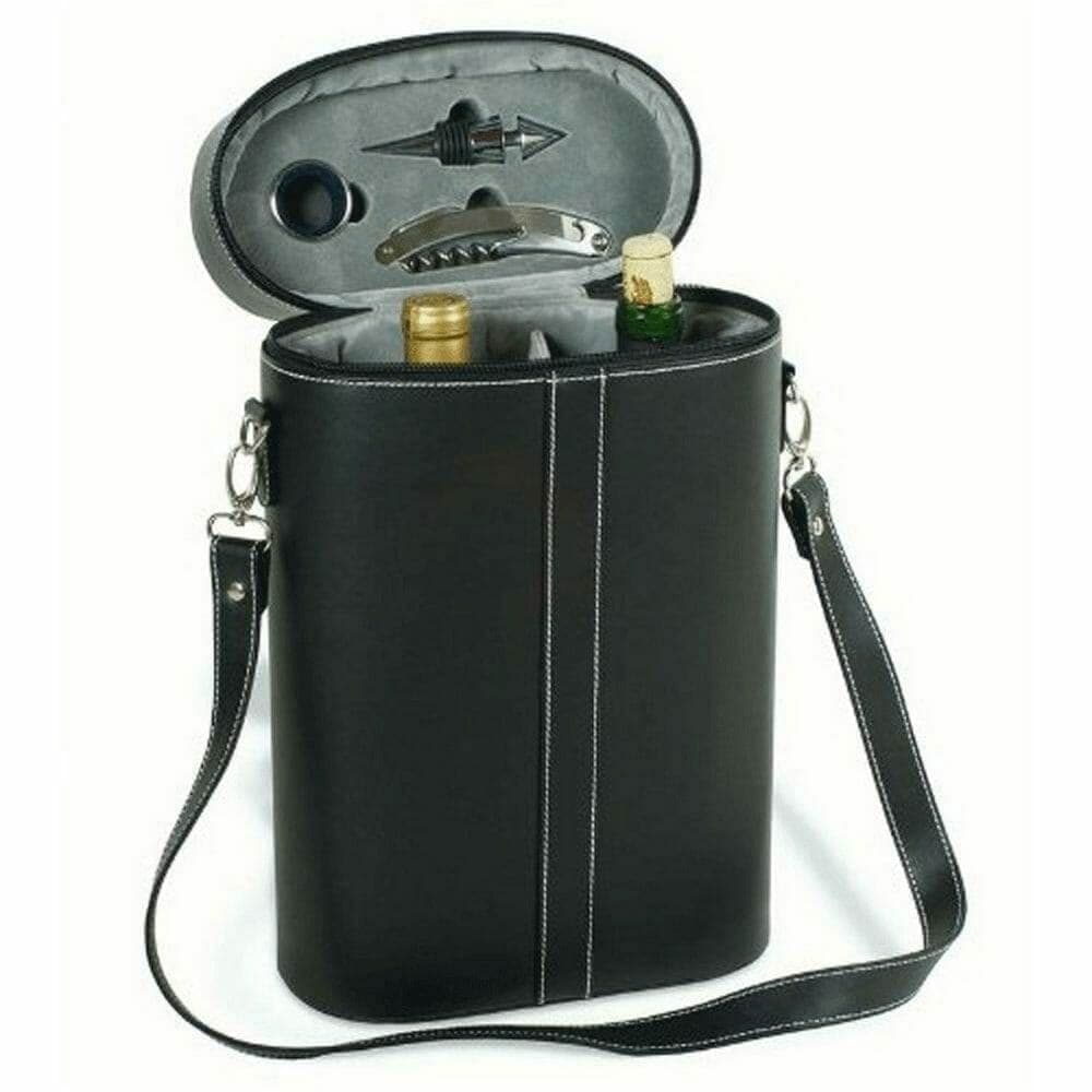 Black leather two-bottle wine travel case open with glasses and tools