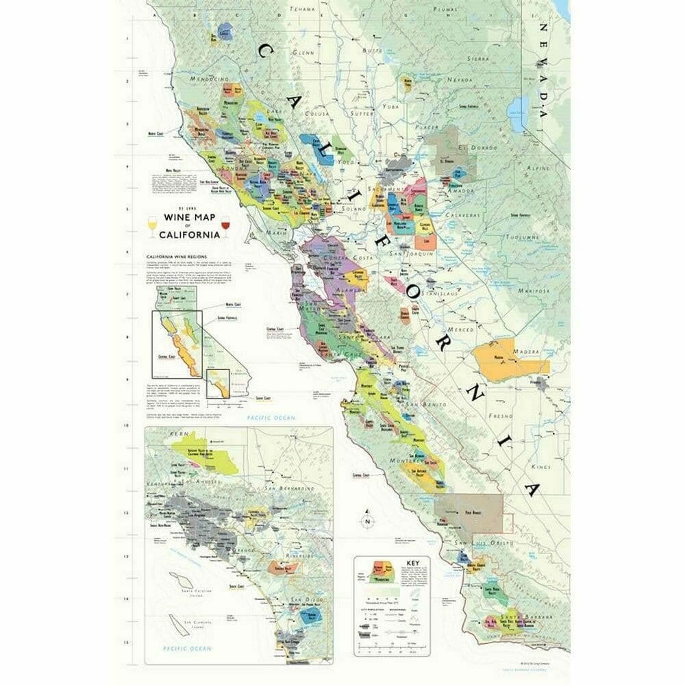 Illustrated wine map of California showing AVA regions