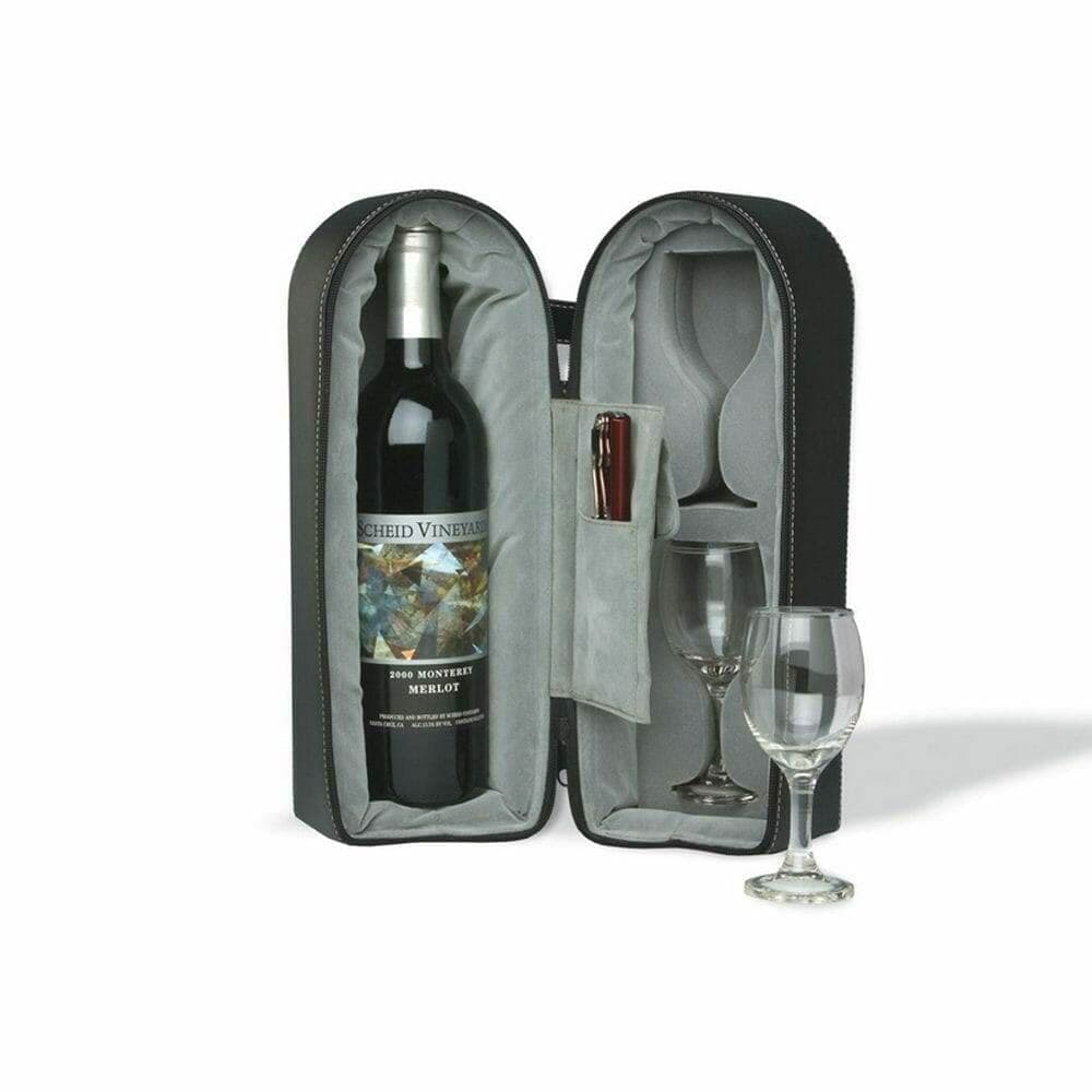Open wine travel case with a merlot bottle and two stemmed glasses