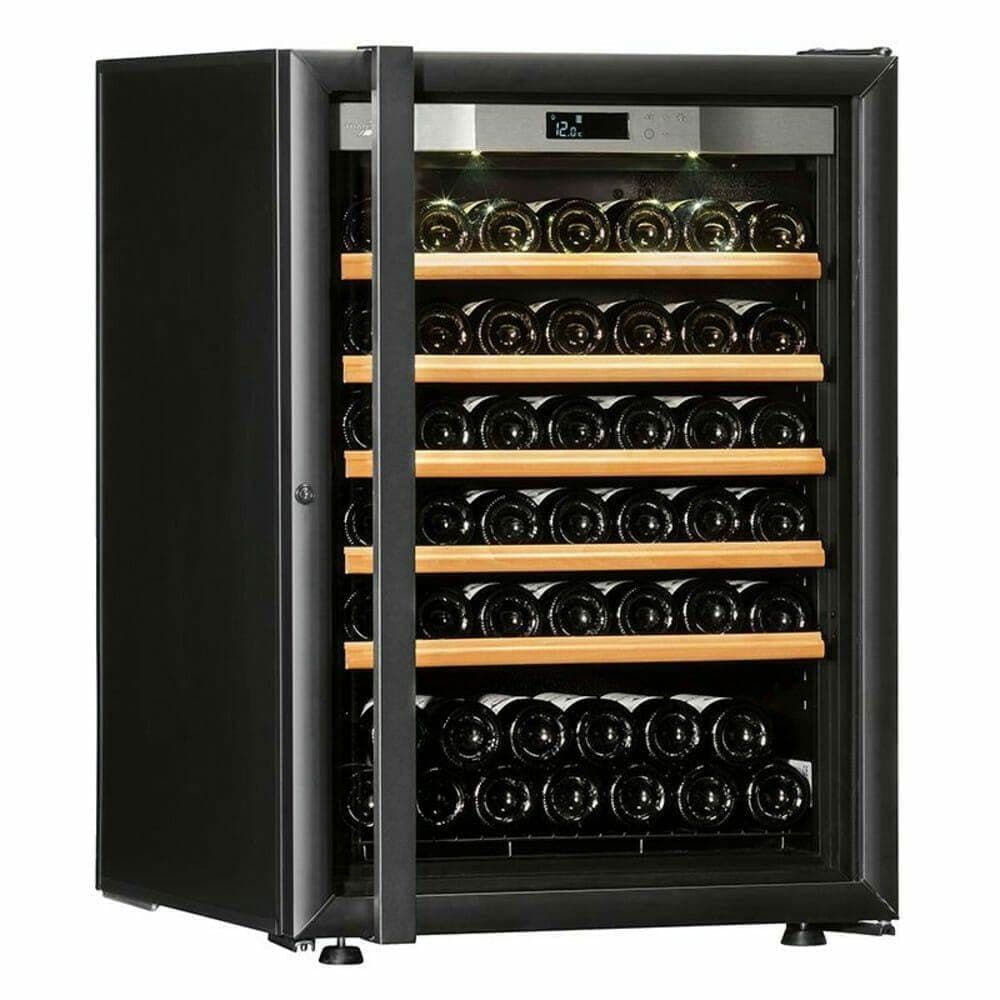 Transtherm Loft black glass wine cabinet with door open on white background