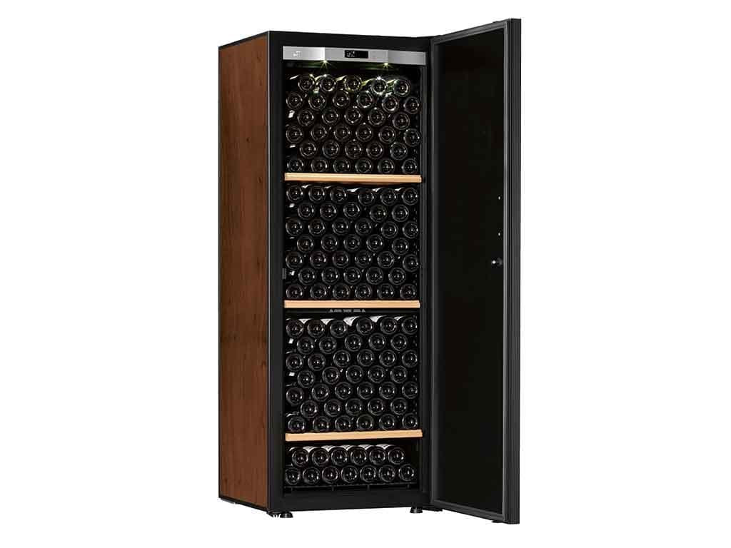 Transtherm Ermitage wine cabinet in tobacco wood finish with door open showing four shelves