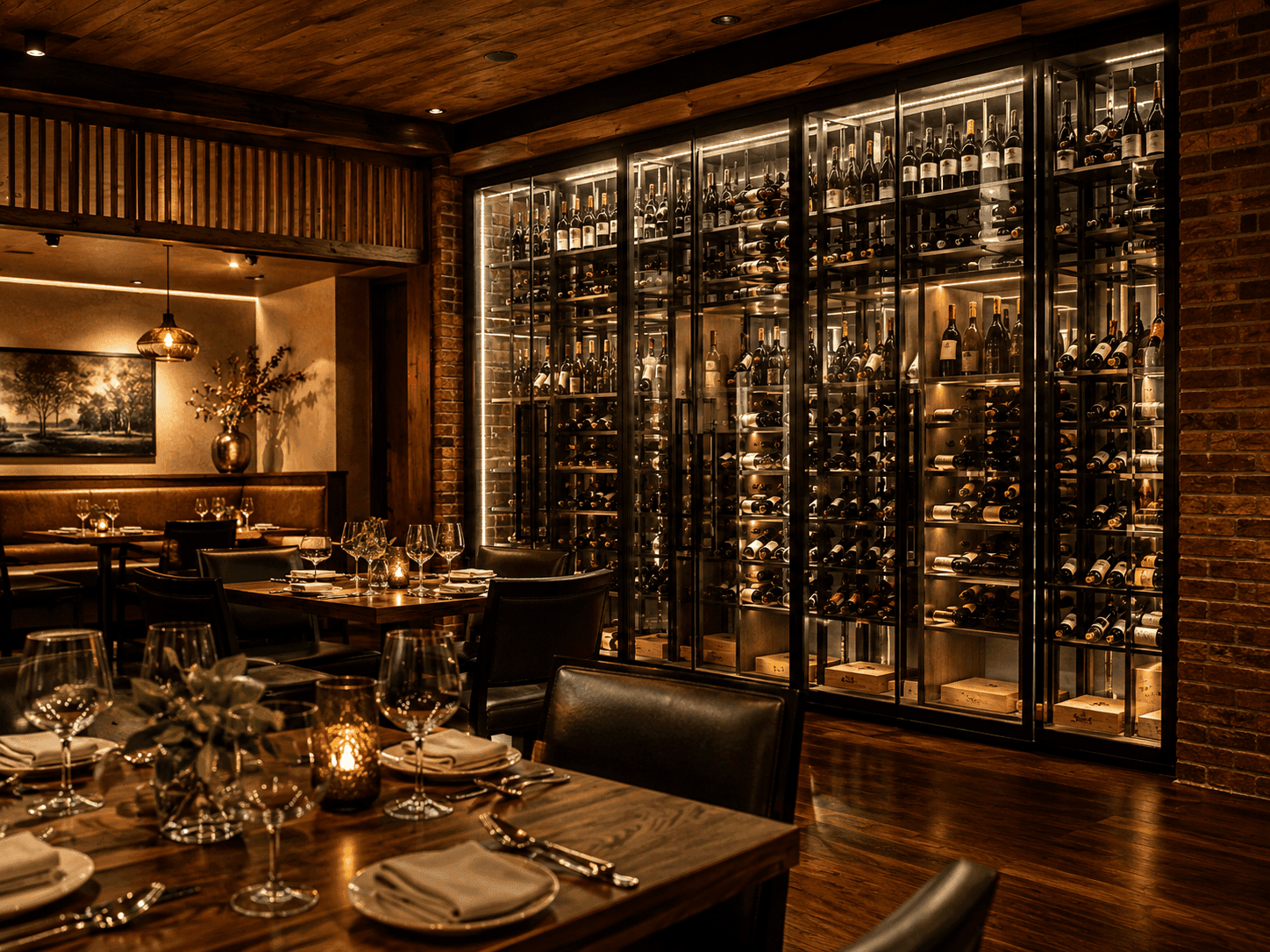 Restaurant dining room with a glass-enclosed wine cabinet along a brick wall