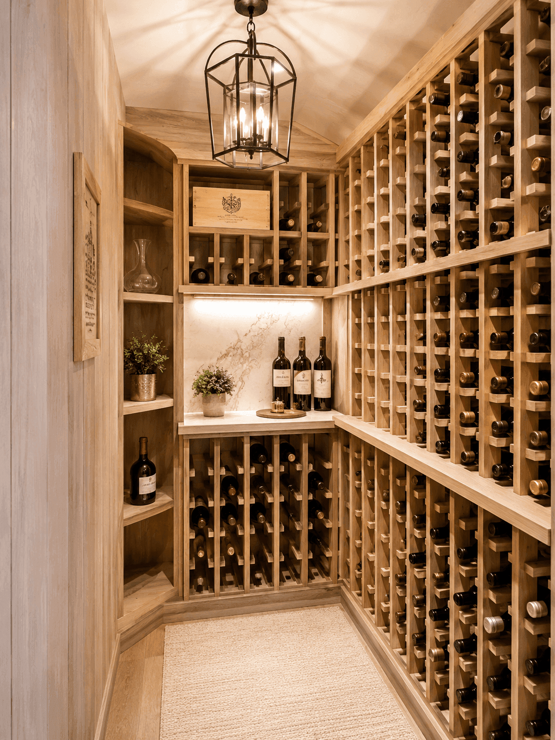 A compact residential wine closet in light wood racking, filled with bottles under a hanging lantern, with a stone counter for decanting.