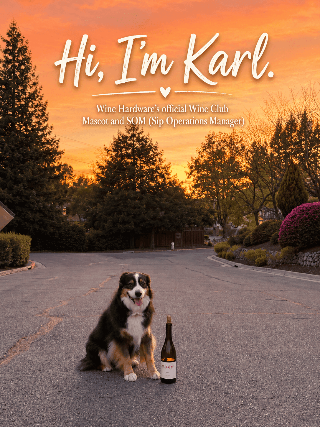 Karl the Australian shepherd sitting in a Walnut Creek street at sunset beside a bottle of white wine, under the words "Hi, I'm Karl. Wine Hardware's official Wine Club Mascot and SOM (Sip Operations Manager)."