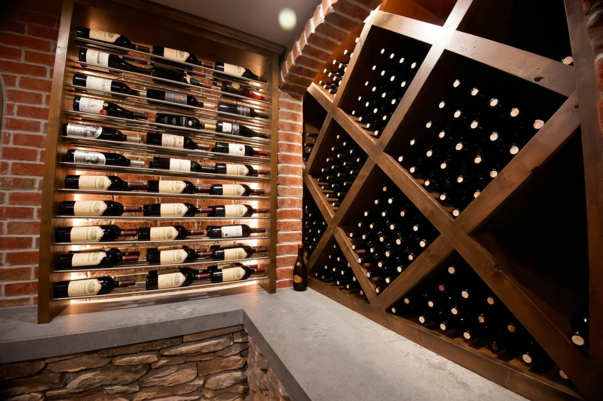 Label-forward metal racks meet large wooden diamond bins against a brick wall.