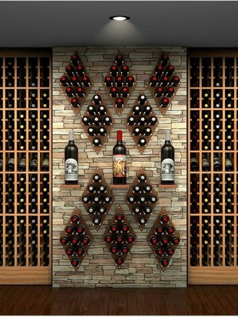 Wine rack, bottles of wine.